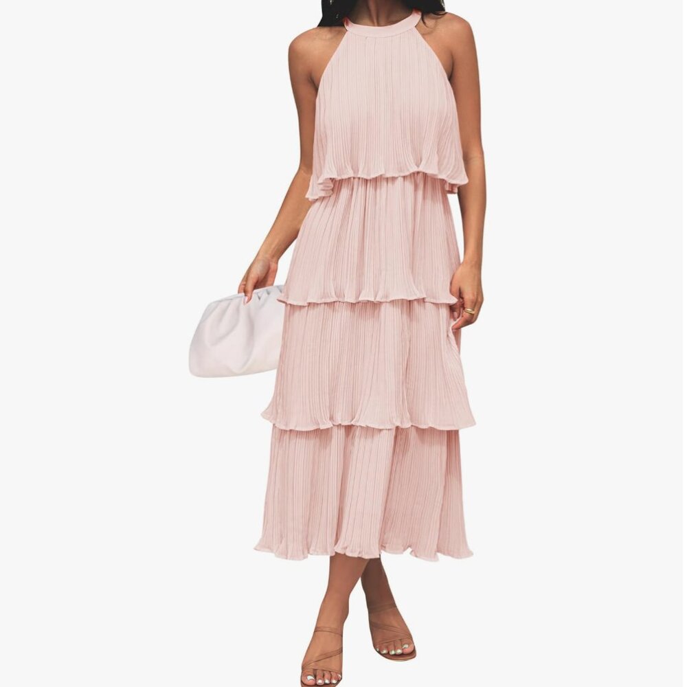 ZESICA Women's Sleeveless Halter Neck Ruffle Tiered Dress